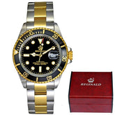 Two-tone watch with gold and silver band and black dial, next to a red watch box with 'Reginald' branding.