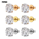 Metal Color: Gold-color, Main Stone Color: Blue - POPMAX 1Pairs/2Pcs Stainless Steel Crystal Studs Earrings For Women Men 4 Prong Tragus Round Clear Cubic Zirconia Ear Jewelry