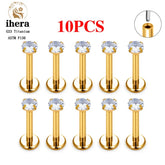 Metal color: Light Yellow Color, Ships From: CHINA, Main Stone Color: Pink - 10PCS G23 Titanium Lip Ring Labret Piercing Stud Earring CZ 16/18/20G Push Pin Ear Tragus Cartilage Helix Conch Pierc?Jewelry
