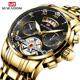 Gold wristwatch with a detailed face on a white background, featuring the brand 'VA VA VOOM'.