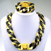 Length: 50cm, Main Stone Color: Black - 316L Stainless Steel and Black Tone Curb 24mm Solid Heavy Long Necklace + Bracelet Jewelry