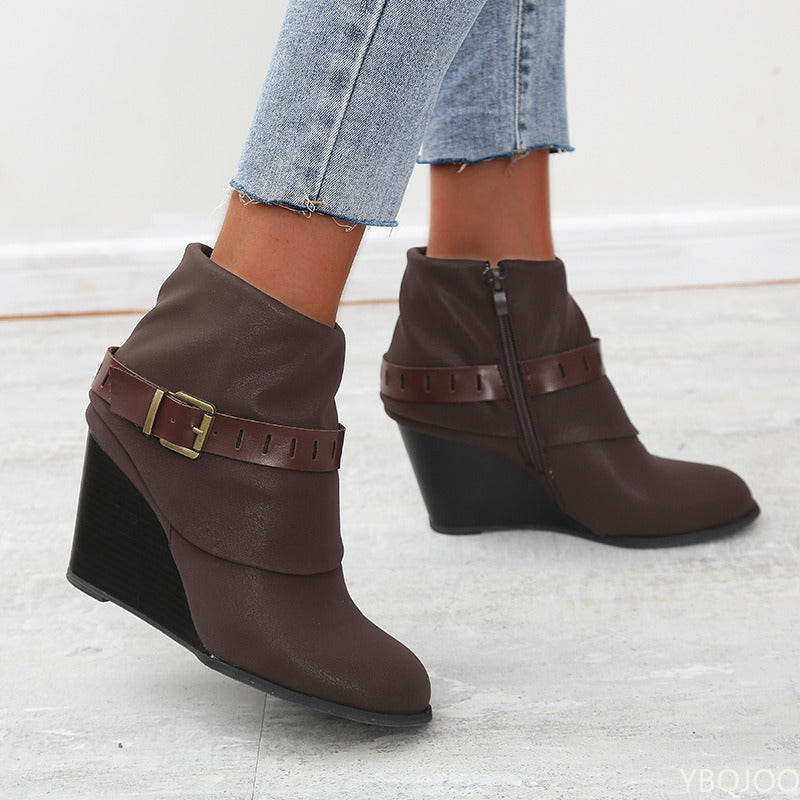 2022 Autumn Winter New Wedges High Heels Ankle Boots Retro Belt Buckle Women's Shoes Fashion Platform Short Boots Botas De Mujer