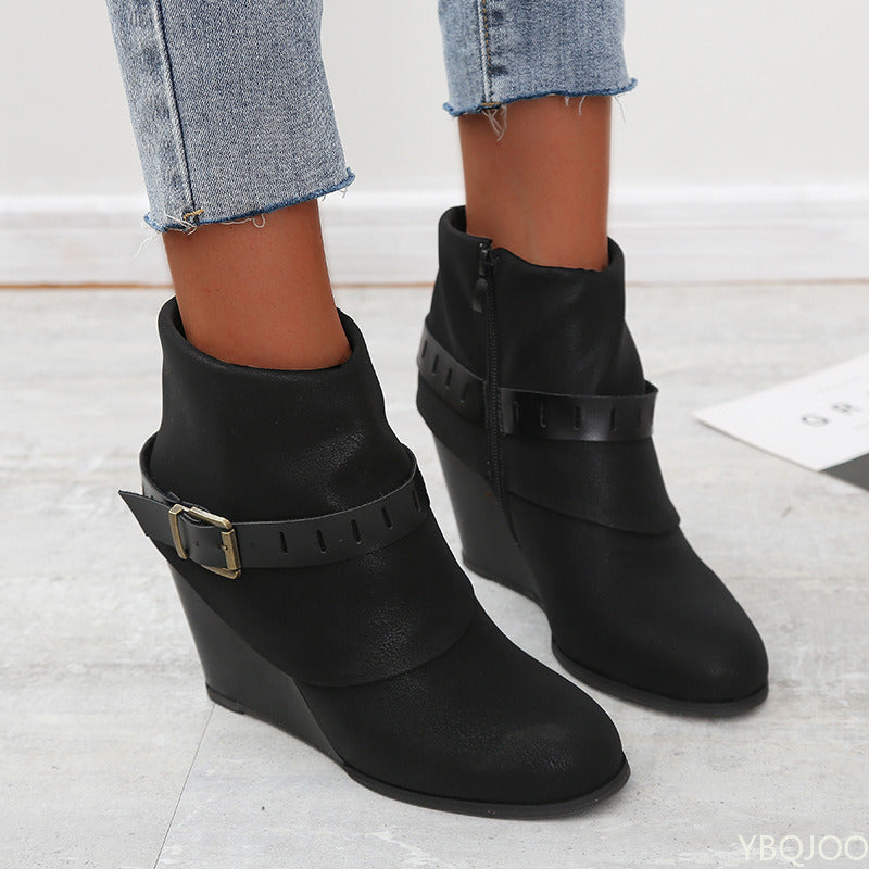 2022 Autumn Winter New Wedges High Heels Ankle Boots Retro Belt Buckle Women's Shoes Fashion Platform Short Boots Botas De Mujer