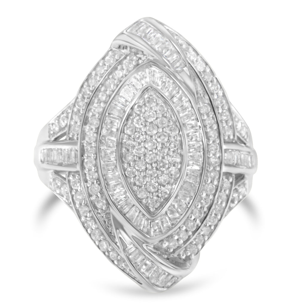 .925 Sterling Silver & 1-1/8 Cttw Diamond Marquise Shaped Cluster Triple Halo Knot Cocktail Fashion Ring (I-J Color, I2-I3 Clarity) - Size 7-1/4
