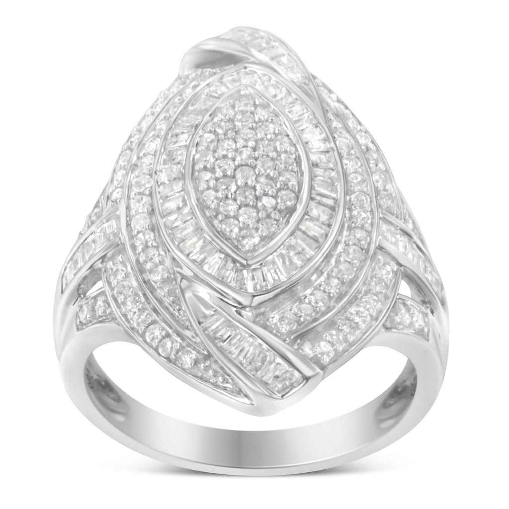 .925 Sterling Silver & 1-1/8 Cttw Diamond Marquise Shaped Cluster Triple Halo Knot Cocktail Fashion Ring (I-J Color, I2-I3 Clarity) - Size 7-1/4