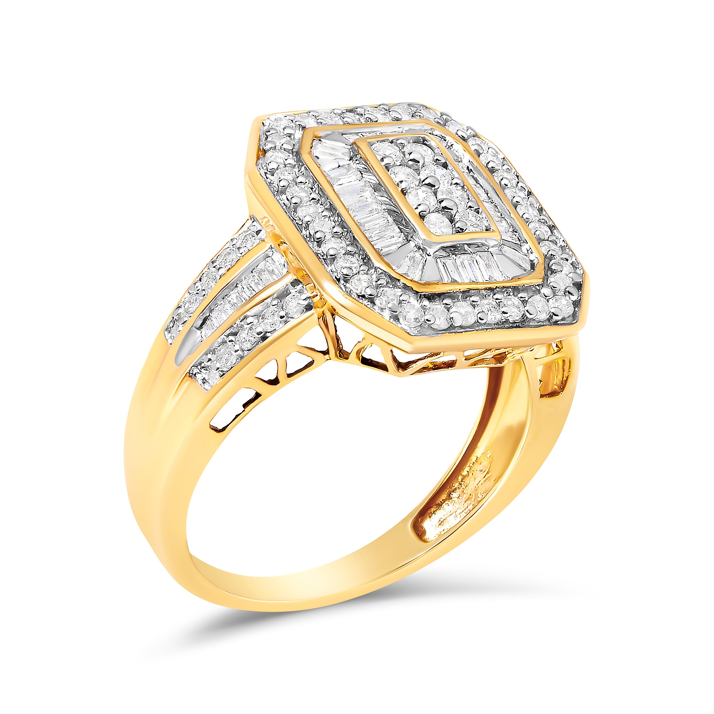 10K Yellow Gold 1.0 Cttw Diamond Vintage Inspired Baguette-Cut Double Halo Emerald-Shaped Frame Cocktail Ring (I-J Color, I1-I2 Clarity) - Size 8