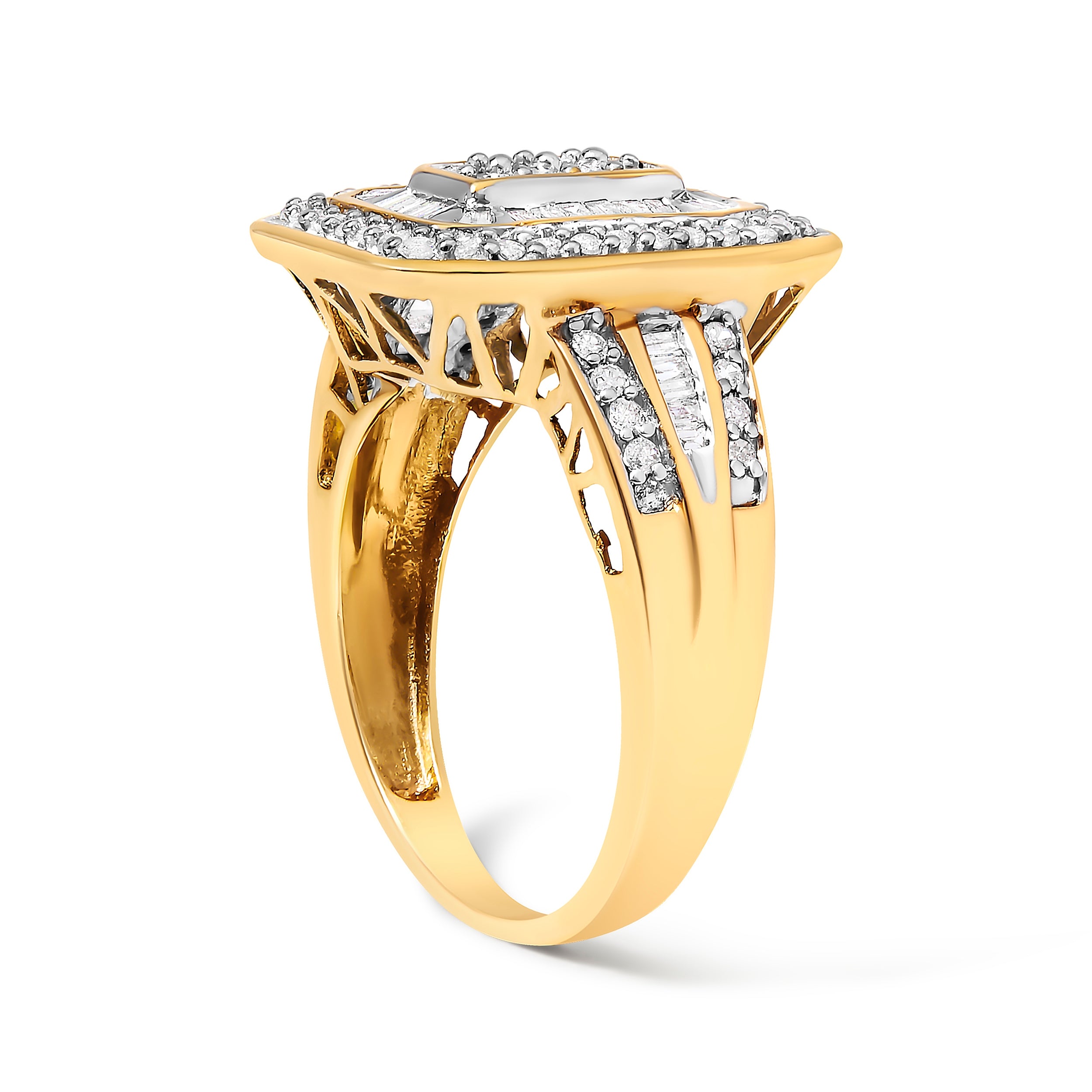 10K Yellow Gold 1.0 Cttw Diamond Vintage Inspired Baguette-Cut Double Halo Emerald-Shaped Frame Cocktail Ring (I-J Color, I1-I2 Clarity) - Size 8