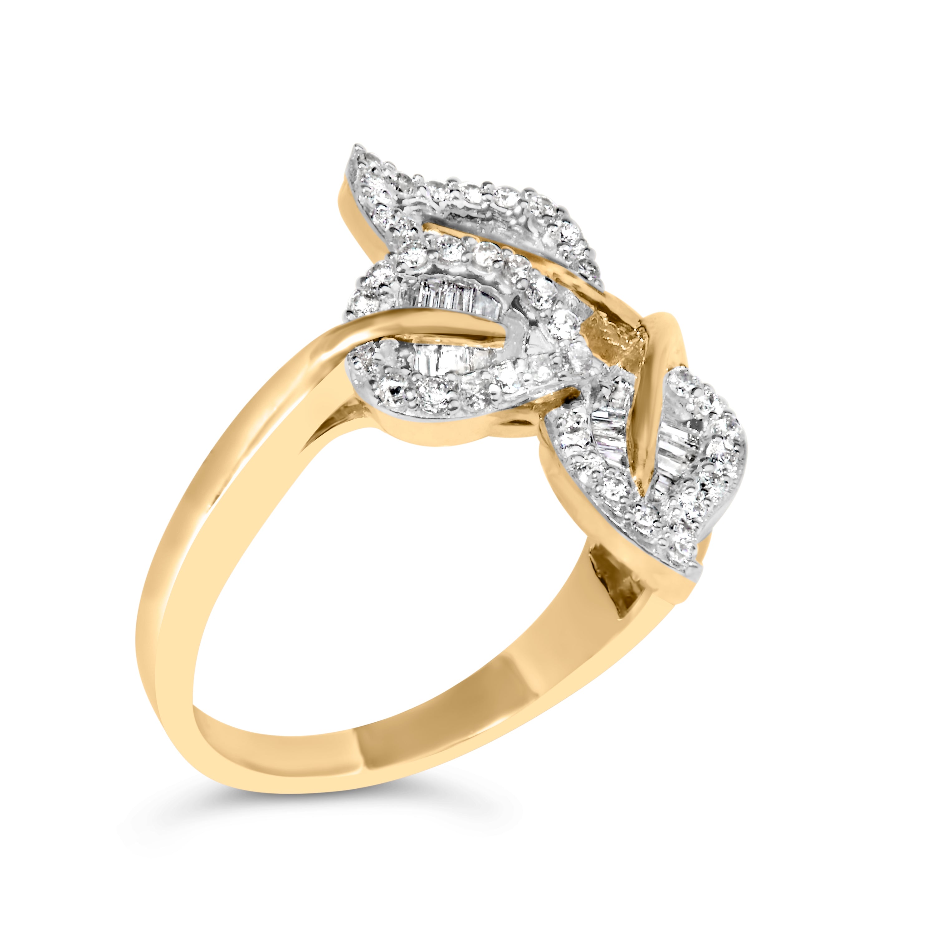 10k Yellow and White Gold 1/2 Cttw Baguette and Round Diamond Bypass Triple Leaf Ring (I-J Color, I1-I2 Clarity) - Size 8