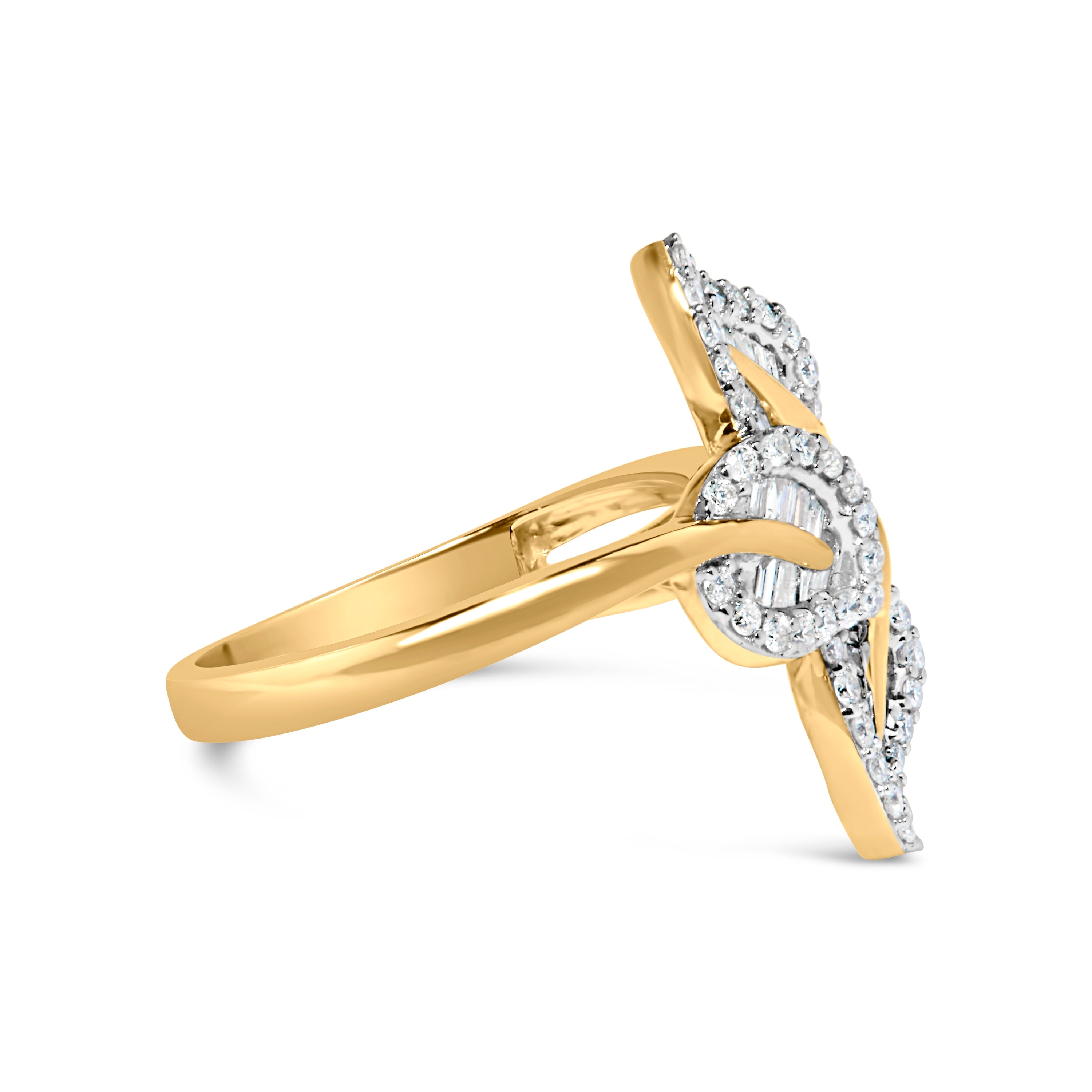 10k Yellow and White Gold 1/2 Cttw Baguette and Round Diamond Bypass Triple Leaf Ring (I-J Color, I1-I2 Clarity) - Size 8