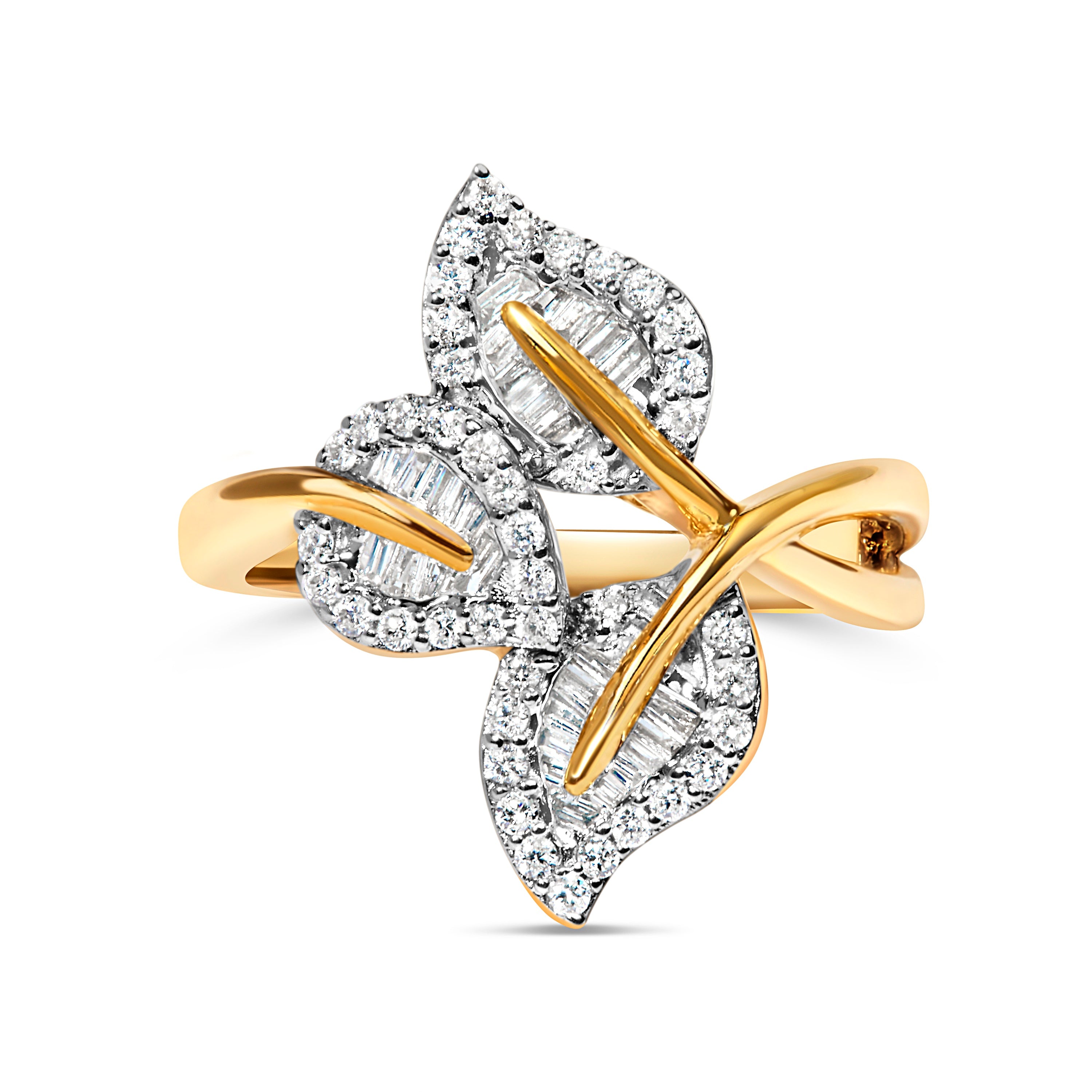 10k Yellow and White Gold 1/2 Cttw Baguette and Round Diamond Bypass Triple Leaf Ring (I-J Color, I1-I2 Clarity) - Size 8