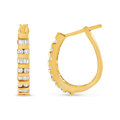 10K Yellow Gold 1.0 Cttw Round and Baguette-Cut Diamond Hoop Earrings (I-J Color, I2-I3 Clarity)