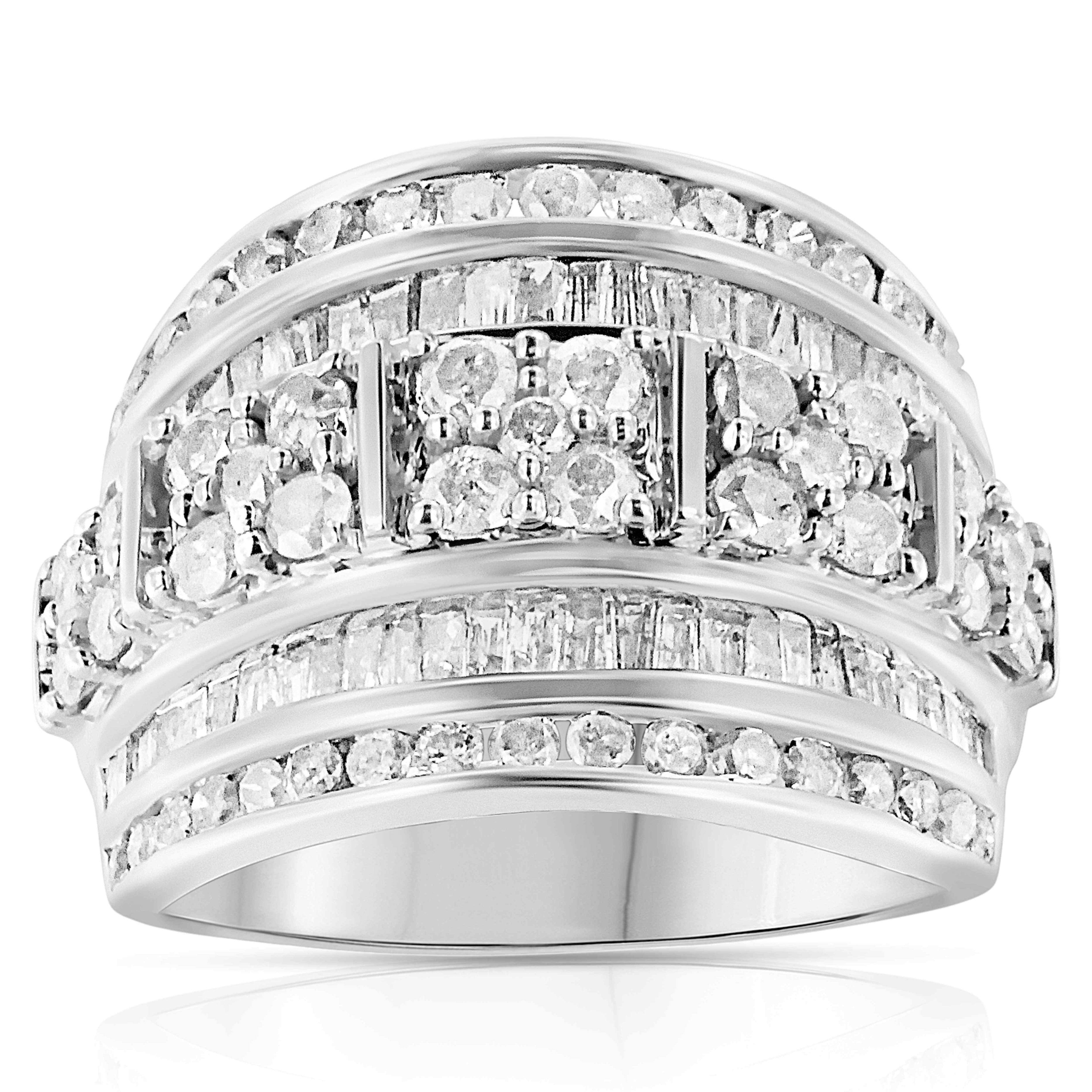 .925 Sterling Silver 2.0 Cttw Round & Baguette Cut Diamond Multi-Row Channel Set Tapered Cocktail Fashion Ring (I-J Color, I3 Clarity) - Size 9