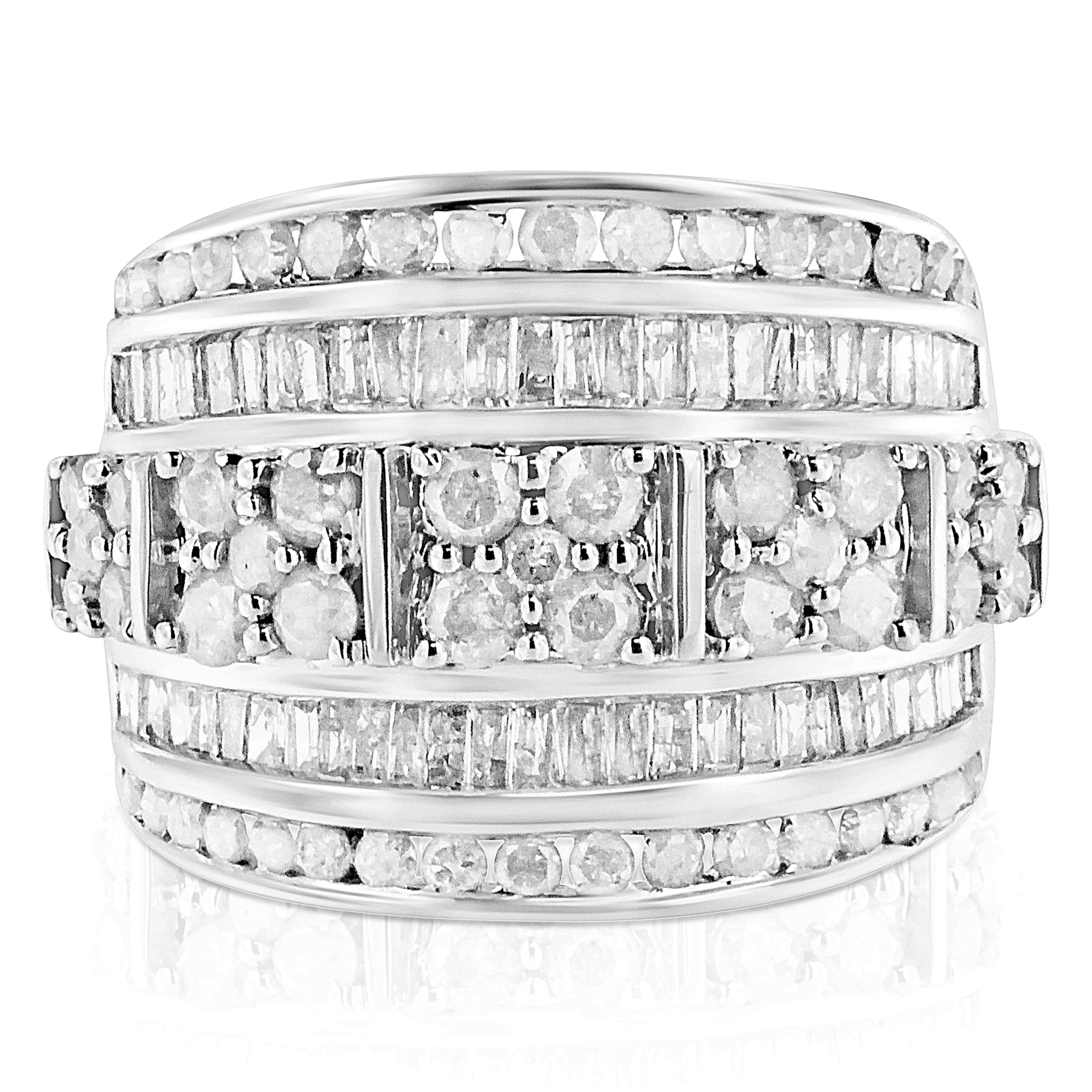 .925 Sterling Silver 2.0 Cttw Round & Baguette Cut Diamond Multi-Row Channel Set Tapered Cocktail Fashion Ring (I-J Color, I3 Clarity) - Size 9
