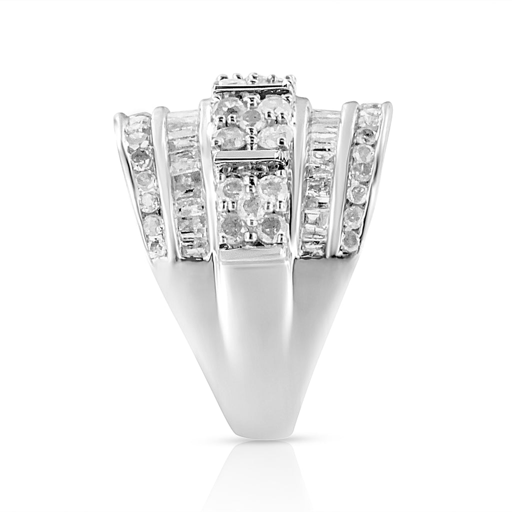 .925 Sterling Silver 2.0 Cttw Round & Baguette Cut Diamond Multi-Row Channel Set Tapered Cocktail Fashion Ring (I-J Color, I3 Clarity) - Size 9
