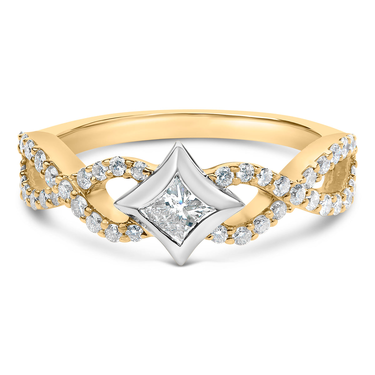 Gold and silver ring with diamond accents on a white background
