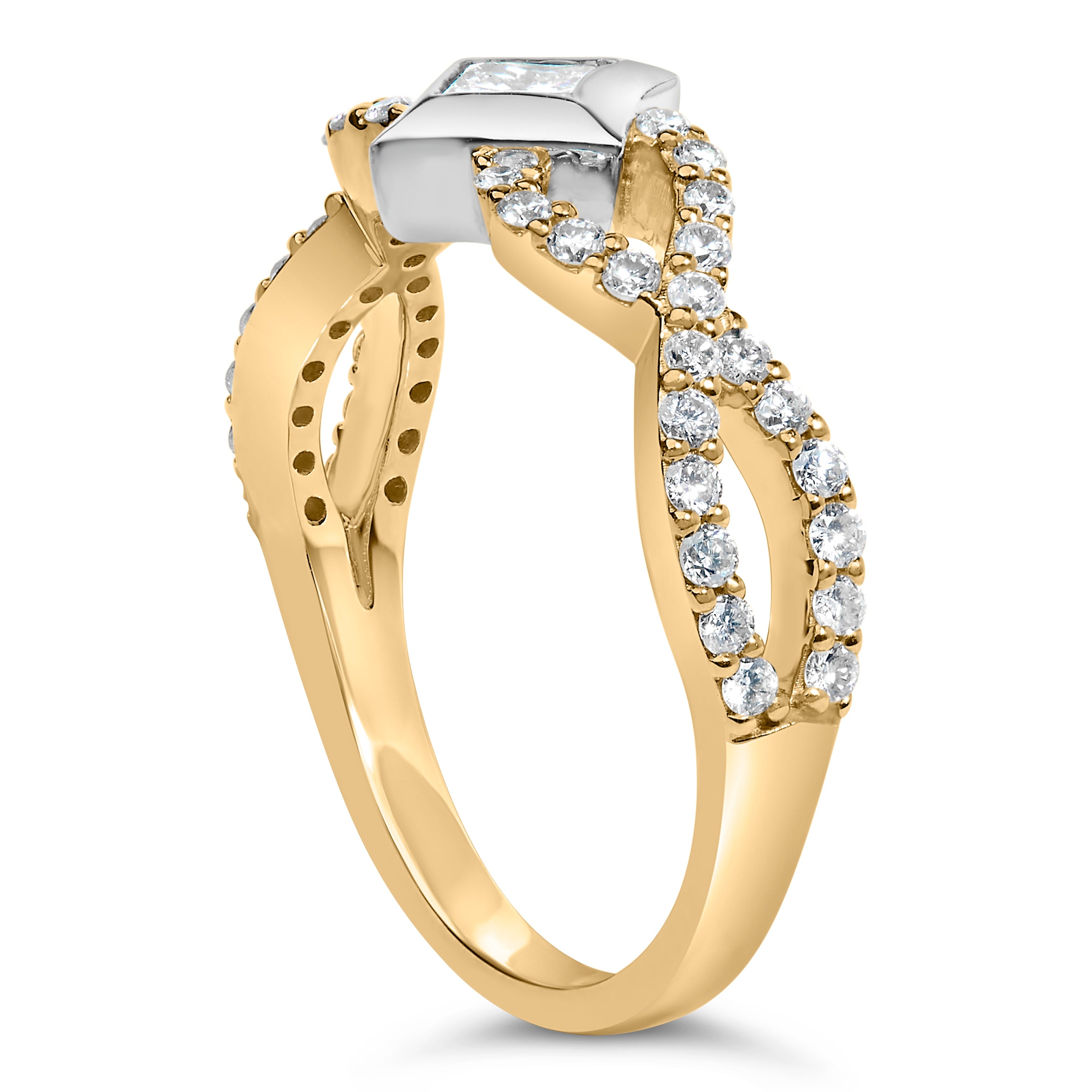 Gold ring with diamond accents on a white background