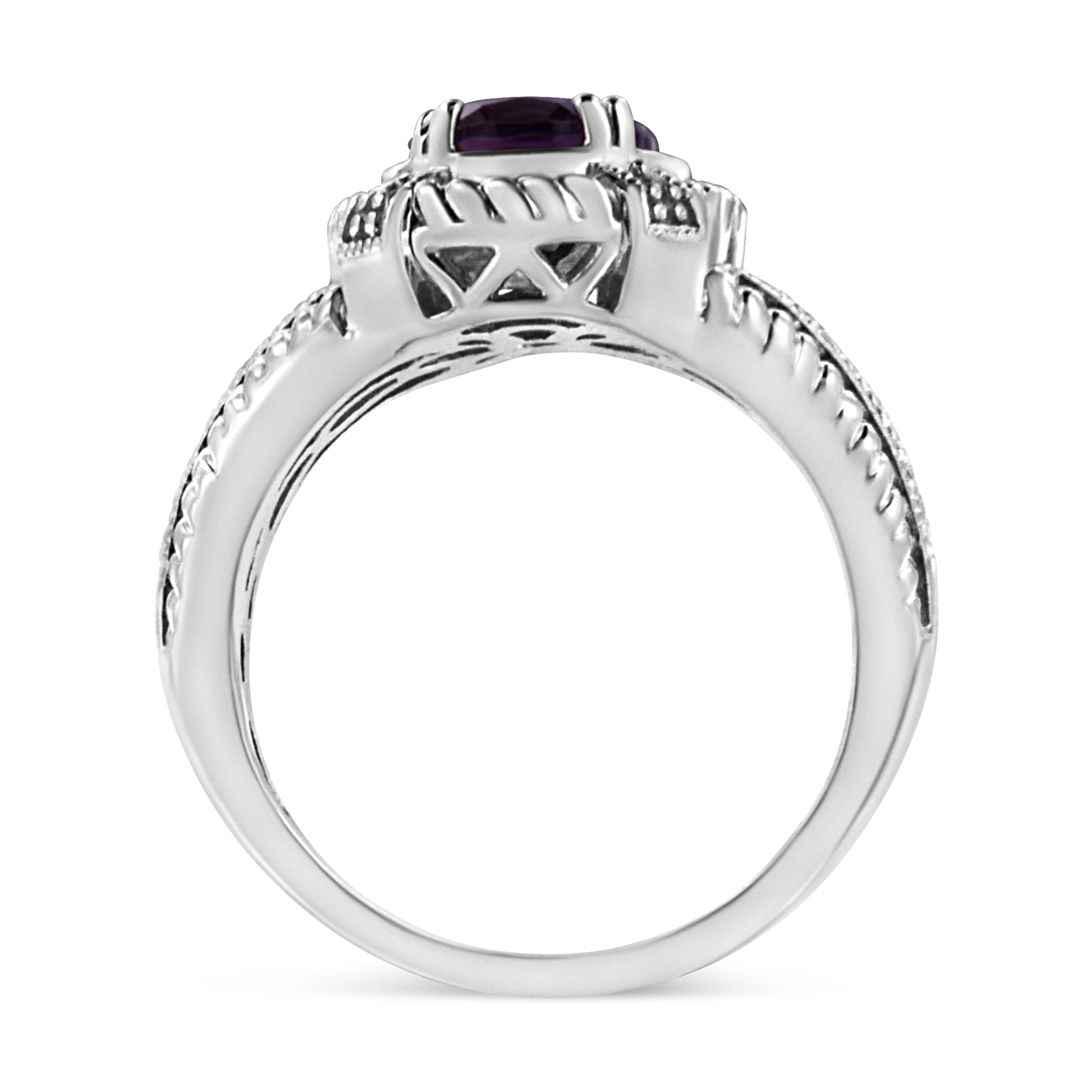 .925 Sterling Silver Prong Set Natural Oval Shape 9X7 MM Purple Amethyst Solitaire and Diamond Accent Ring (I-J Color, I1-I2 Clarity) - Ring Size 8
