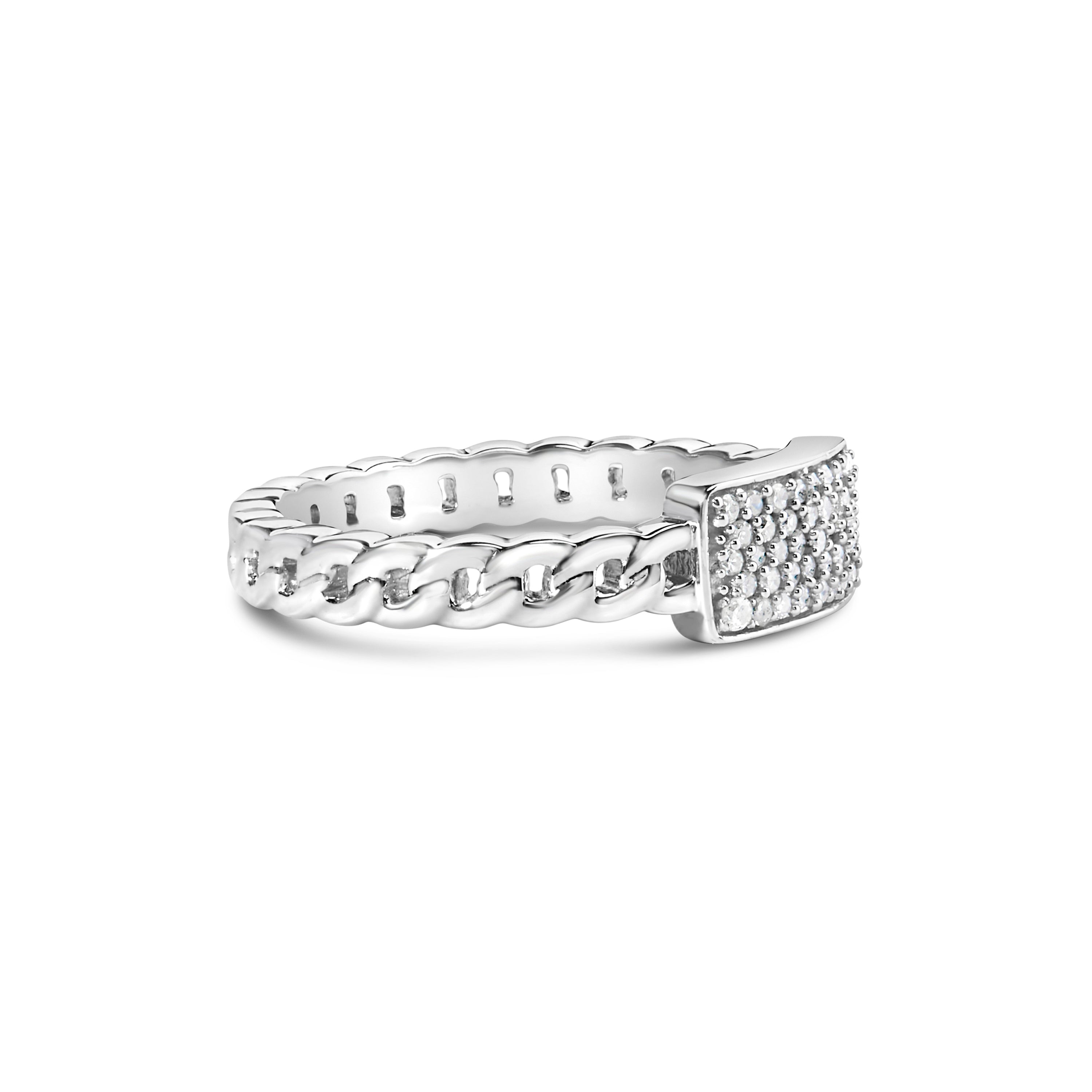 .925 Sterling Silver 1/5 Cttw Diamond ID and Cuban Link Band Ring (I-J Color, I2-I3 Clarity) - Ring Size 7