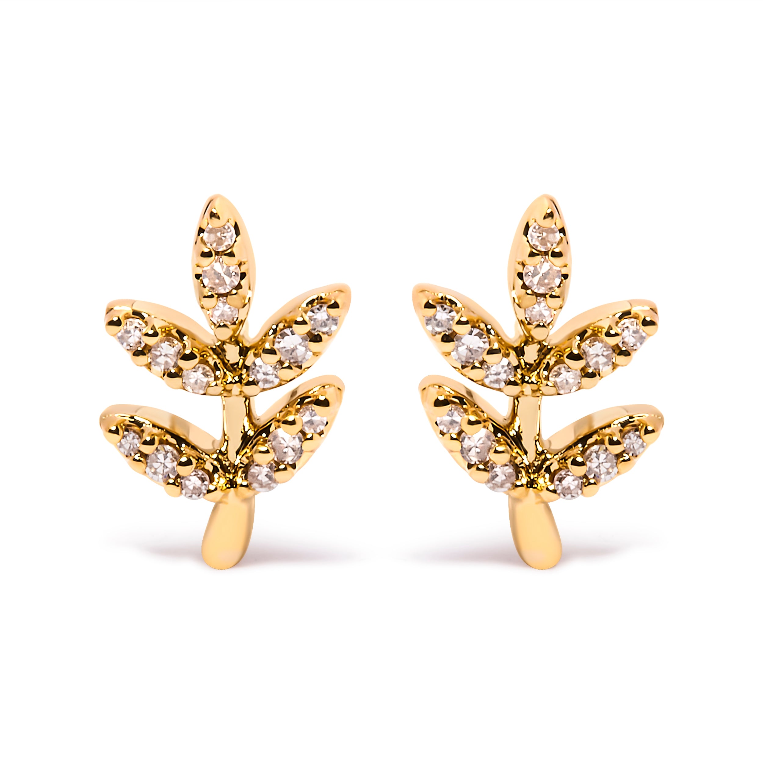 10K Yellow Gold 1/10 Cttw Diamond Accented Leaf and Branch Stud Earrings (H-I Color, I1-I2 Clarity)