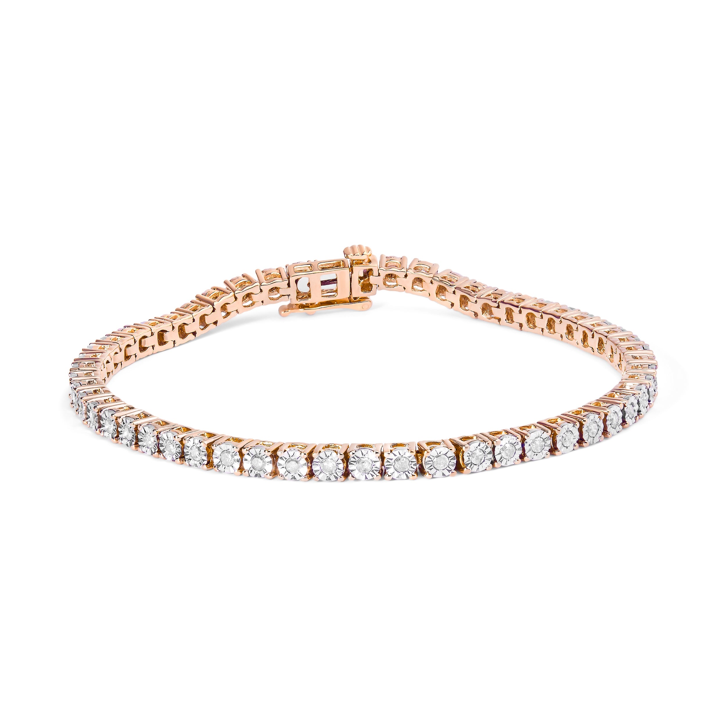 10K Rose Gold Plated .925 Sterling Silver 1.0 Cttw Miracle-Set Diamond Round Faceted Bezel Tennis Bracelet (I-J Color, I3 Clarity) - 5"