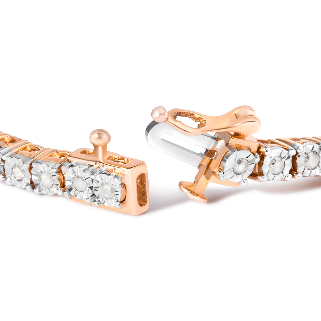 10K Rose Gold Plated .925 Sterling Silver 1.0 Cttw Miracle-Set Diamond Round Faceted Bezel Tennis Bracelet (I-J Color, I3 Clarity) - 5"