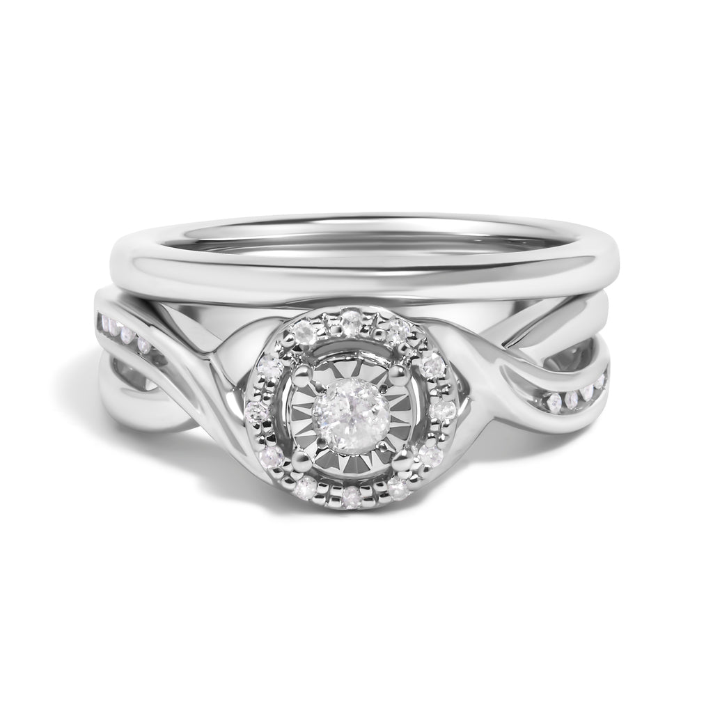 .925 Sterling Silver 1/7 Cttw Diamond Halo Bypass Engagement Ring and Wedding Band Set (I-J Color, I3 Clarity) - Size 8
