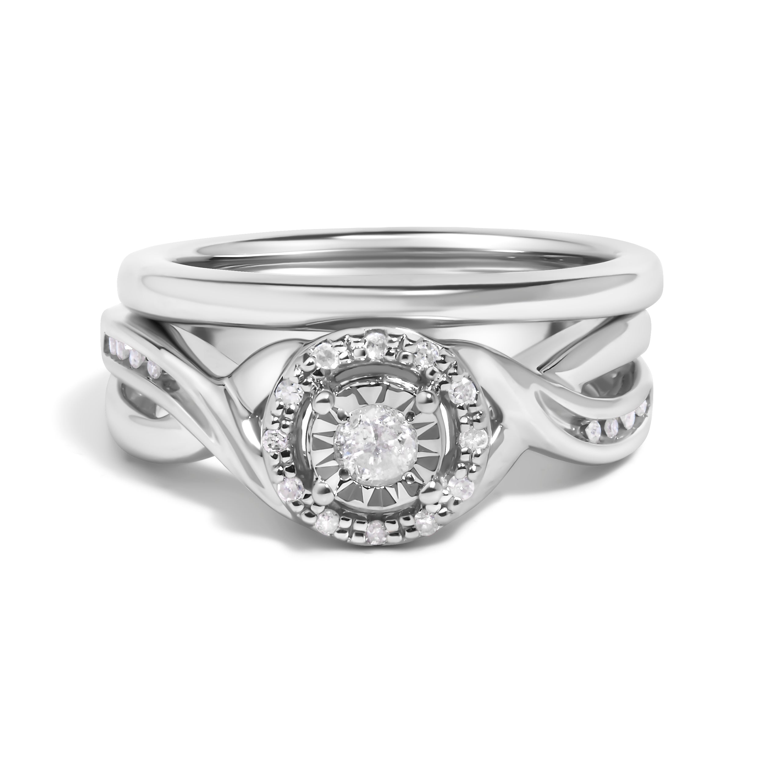 .925 Sterling Silver 1/7 Cttw Diamond Halo Bypass Engagement Ring and Wedding Band Set (I-J Color, I3 Clarity) - Size 8