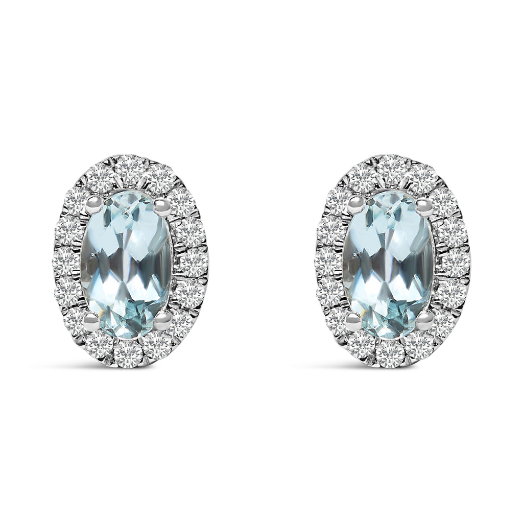 10K White Gold 5x3 MM Oval Blue Aquamarine and Diamond Halo Stud Earrings (I-J Color, I1-I2 Clarity)