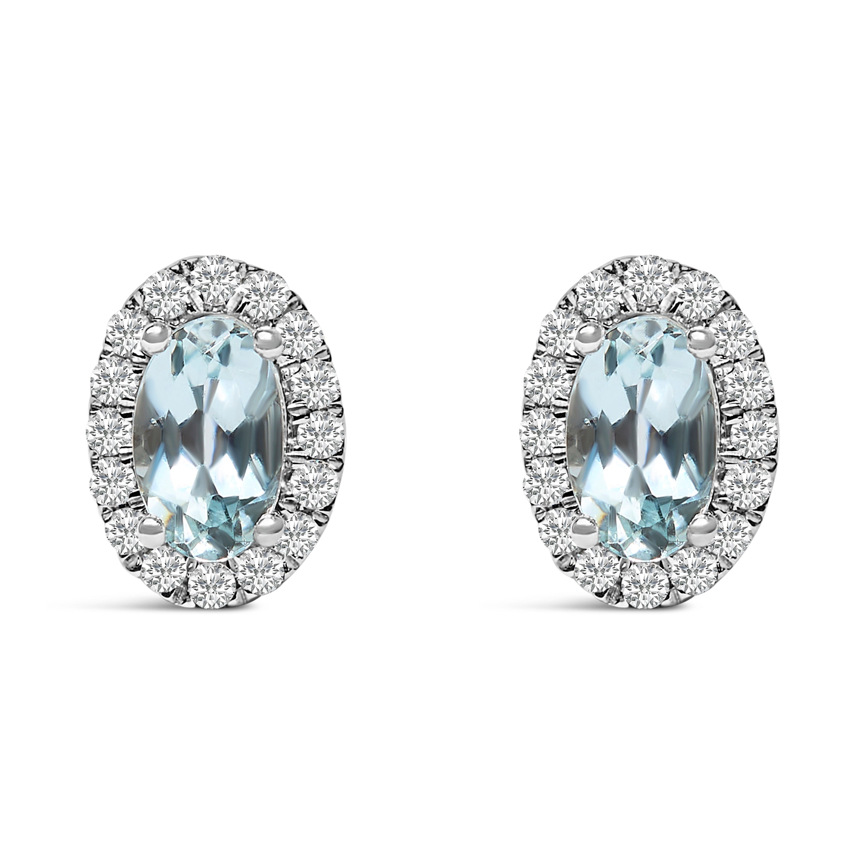 10K White Gold 5x3 MM Oval Blue Aquamarine and Diamond Halo Stud Earrings (I-J Color, I1-I2 Clarity)