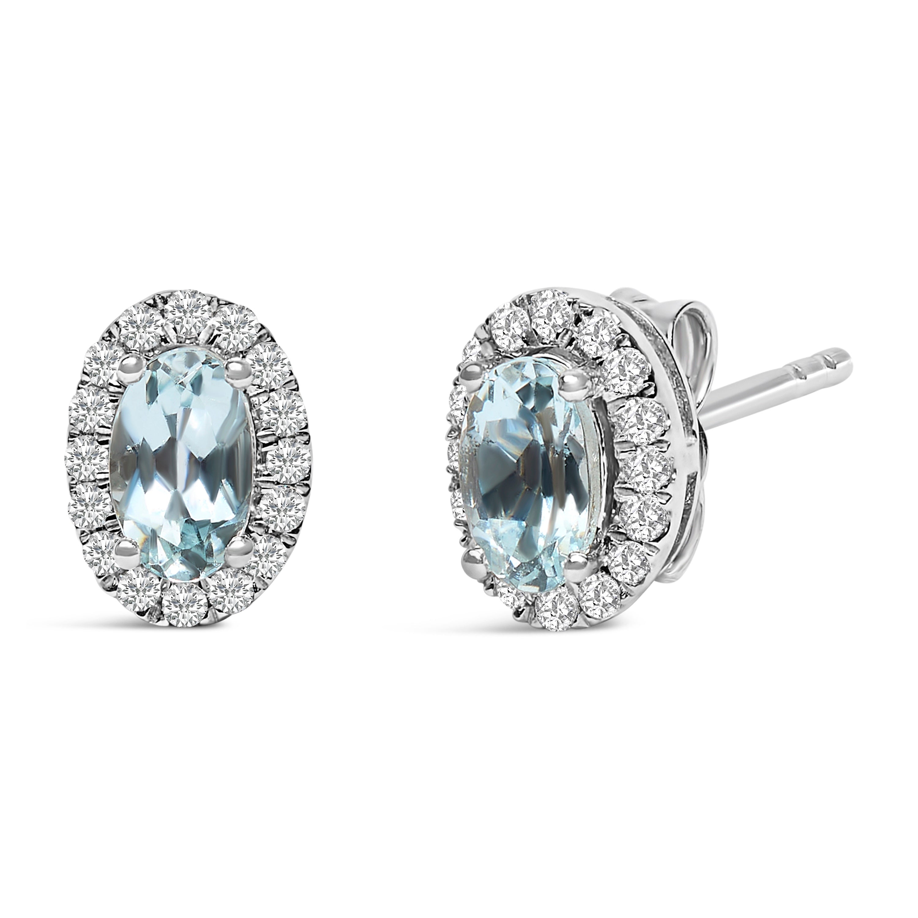 10K White Gold 5x3 MM Oval Blue Aquamarine and Diamond Halo Stud Earrings (I-J Color, I1-I2 Clarity)