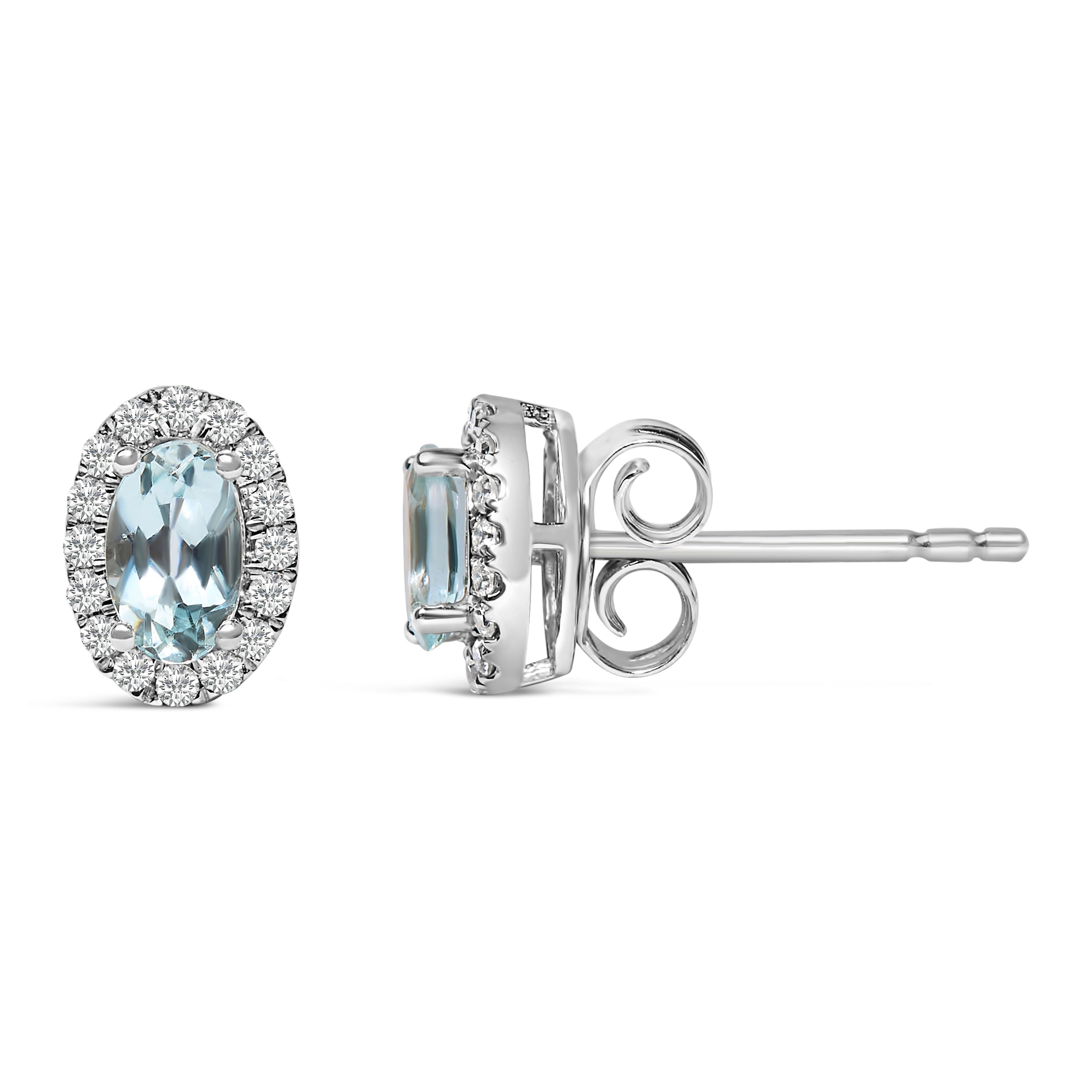 10K White Gold 5x3 MM Oval Blue Aquamarine and Diamond Halo Stud Earrings (I-J Color, I1-I2 Clarity)