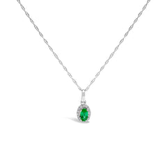 10K White Gold 5x3mm Green Emerald and Diamond Accent Halo Oval Shape 18" Pendant Necklace (I-J Color, I1-I2 Clarity)