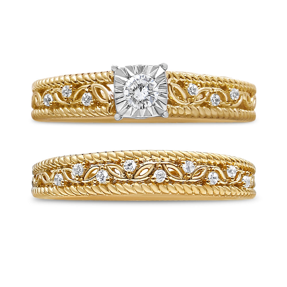 14K Yellow Gold Plated .925 Sterling Silver 1/5 Cttw Diamond Art Deco Style Engagement Ring Bridal Set (I-J Color, I3 Clarity) - Ring Size 5