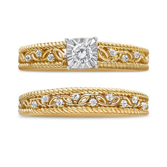 14K Yellow Gold Plated .925 Sterling Silver 1/5 Cttw Diamond Art Deco Style Engagement Ring Bridal Set (I-J Color, I3 Clarity) - Ring Size 5