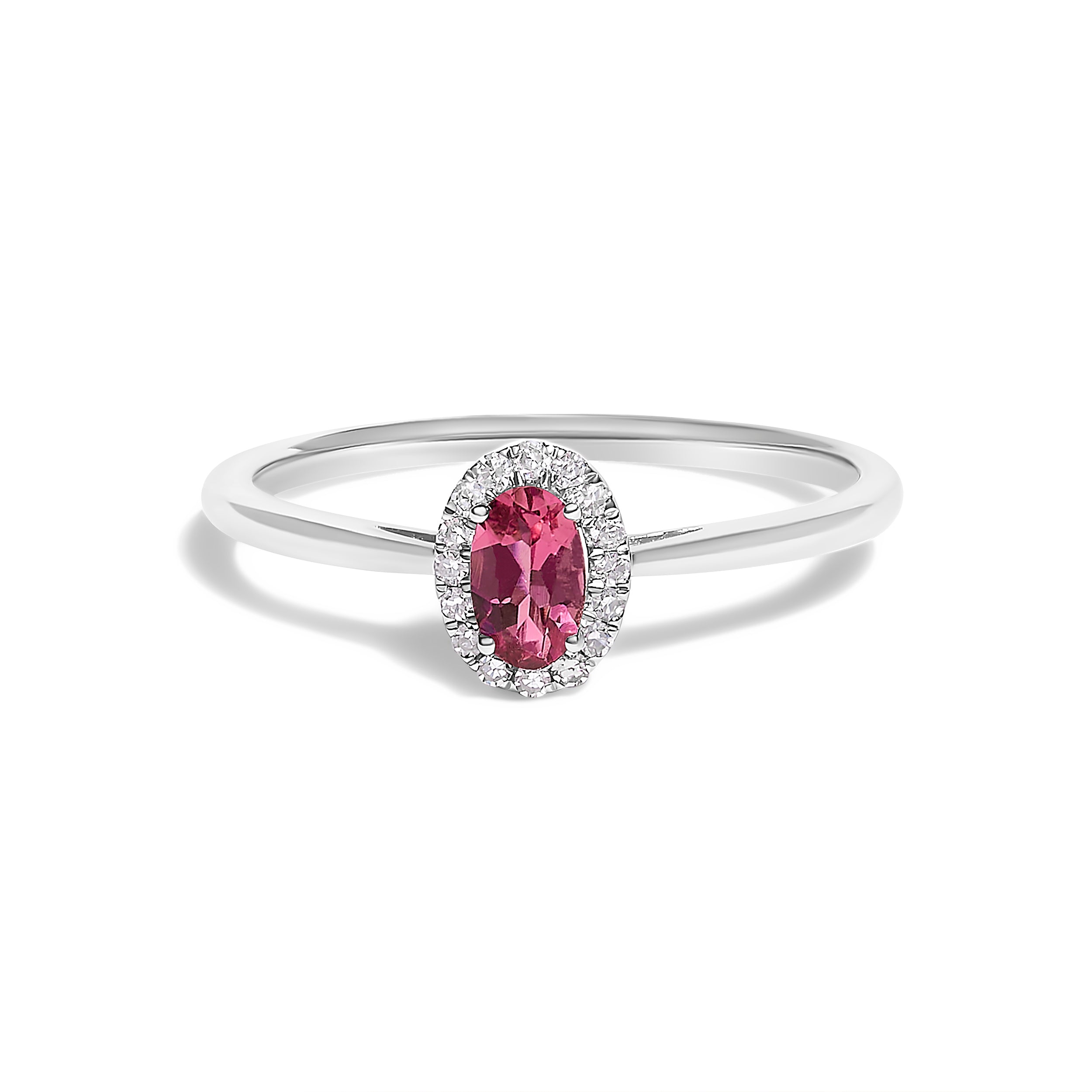 10K White Gold 5X3MM Oval Pink Tourmaline and Diamond Accent Halo Ring (I-J Color, I1-I2 Clarity) - Ring Size 6.5