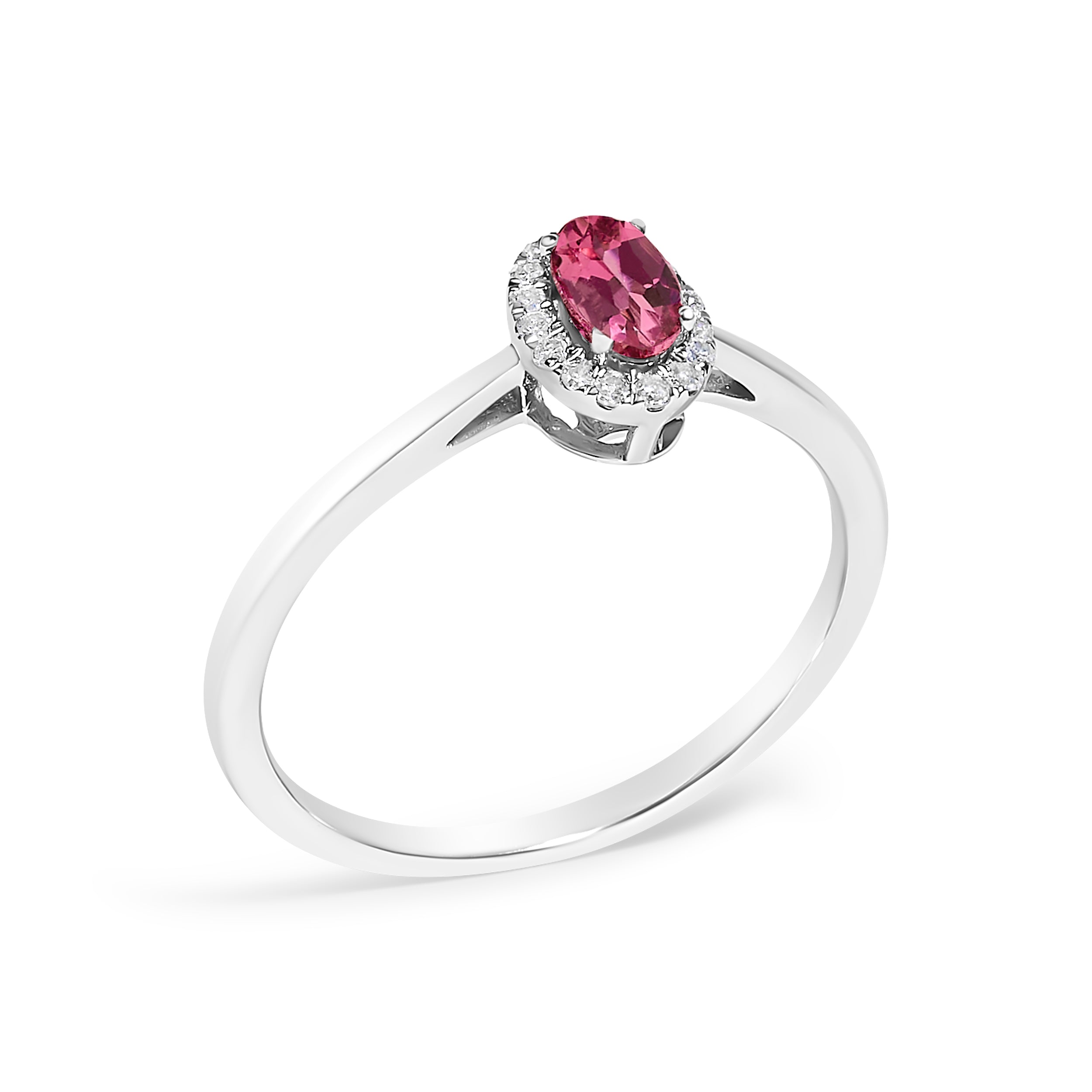 10K White Gold 5X3MM Oval Pink Tourmaline and Diamond Accent Halo Ring (I-J Color, I1-I2 Clarity) - Ring Size 6.5