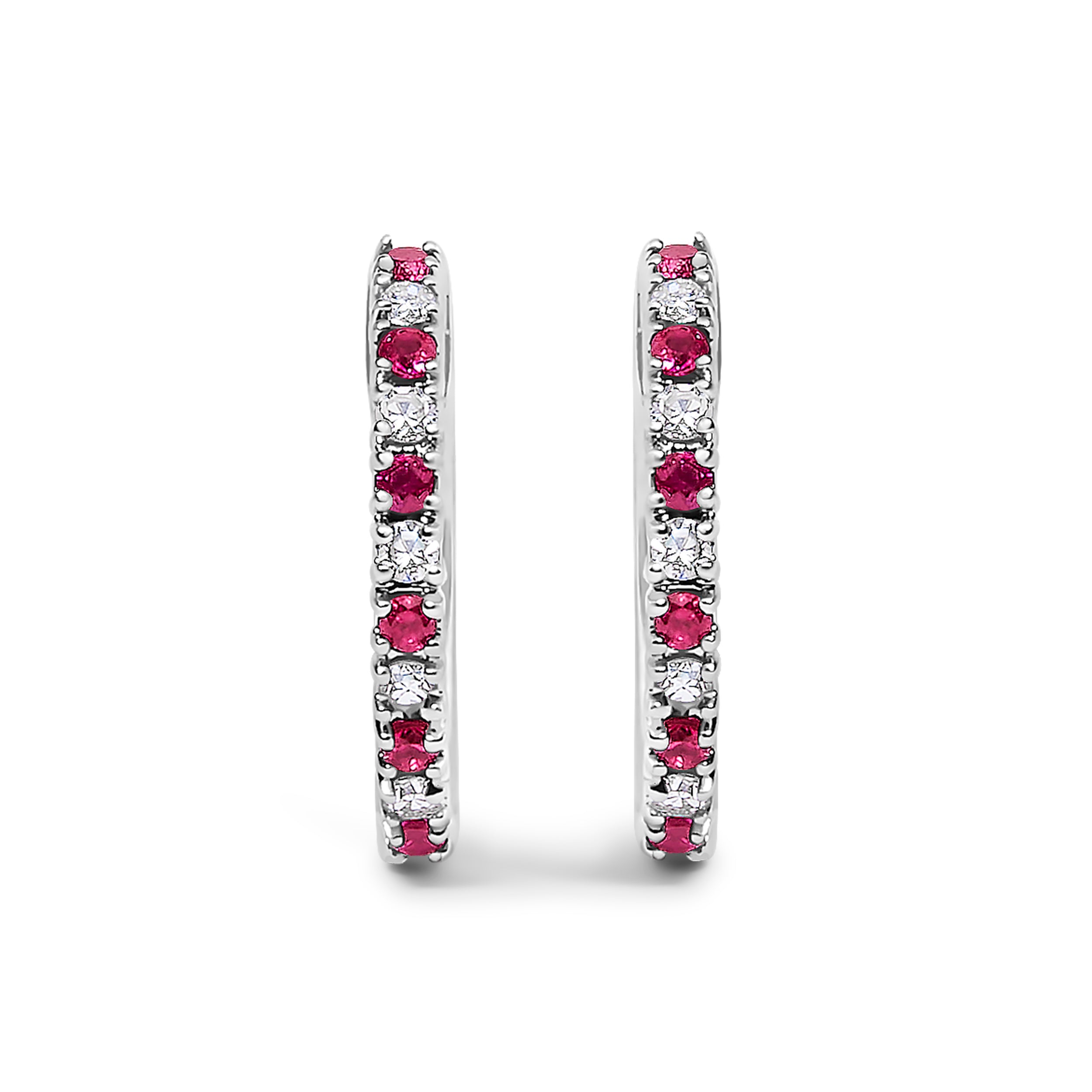 10K White Gold Alternating Diamond and Red Ruby Huggy Hoop Earrings (I-J Color, I1-I2 Clarity)