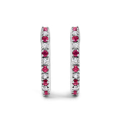 10K White Gold Alternating Diamond and Red Ruby Huggy Hoop Earrings (I-J Color, I1-I2 Clarity)