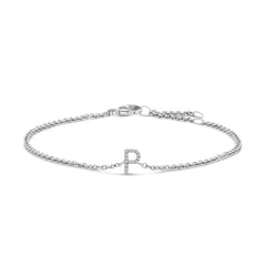 10K White Gold Diamond Accent "P" Initial Charm and Link Bracelet