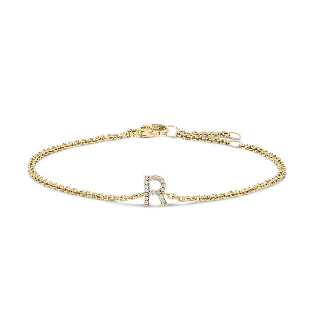 10K Yellow Gold Diamond Accent "R" Initial Charm and Link Bracelet