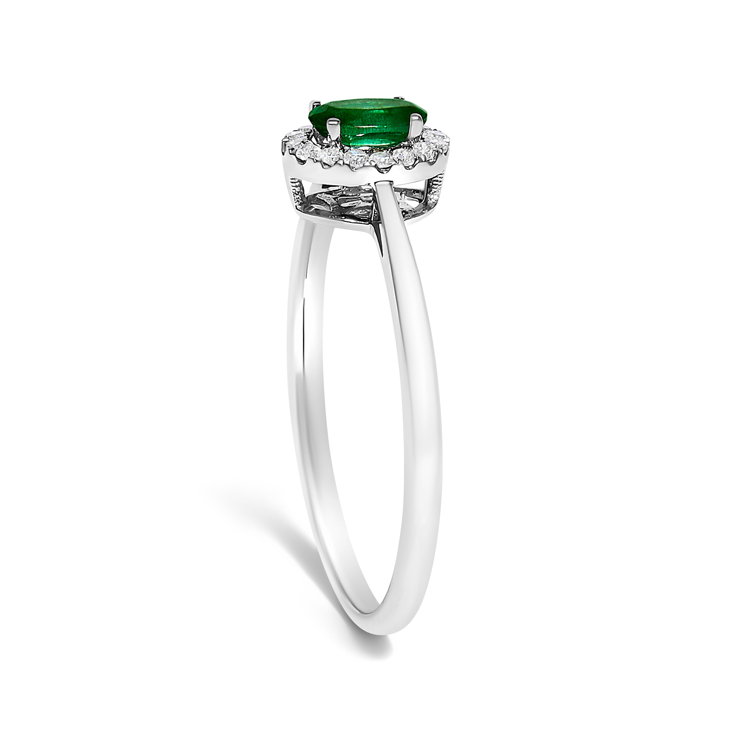 10K White Gold 5X3MM Oval Green Emerald and Diamond Accent Halo Ring (I-J Color, I1-I2 Clarity) - Ring Size 6