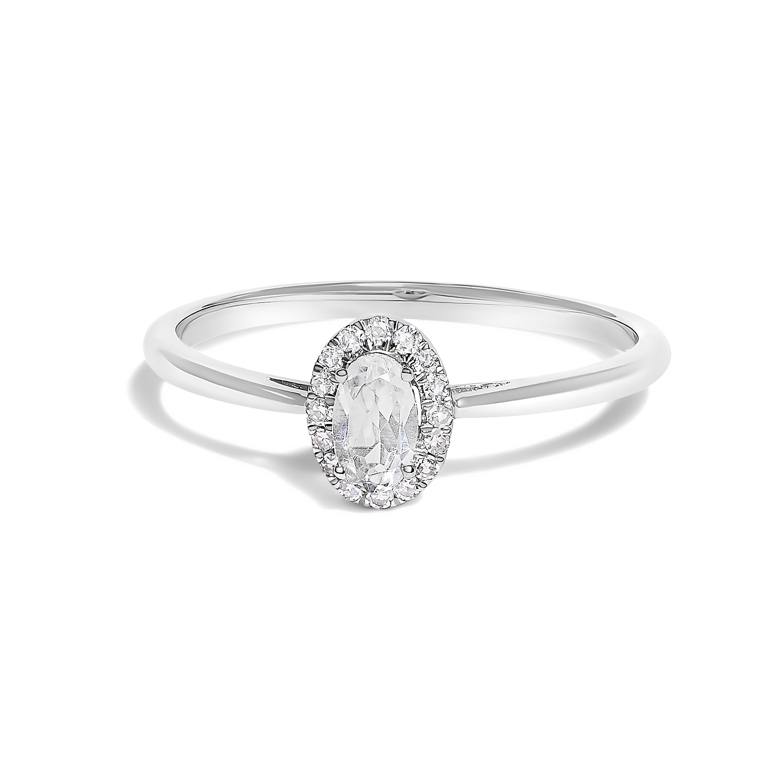 10K White Gold 5X3MM Oval White Topaz and Diamond Accent Halo Ring (I-J Color, I1-I2 Clarity) - Ring Size 5.5