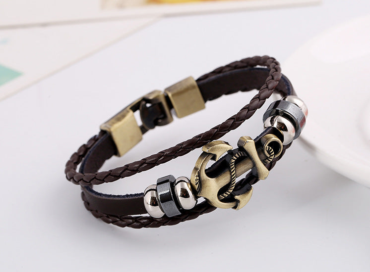 Vintage Cowhide Men's Hot-selling Popular Metal Anchor Leather Bracelet