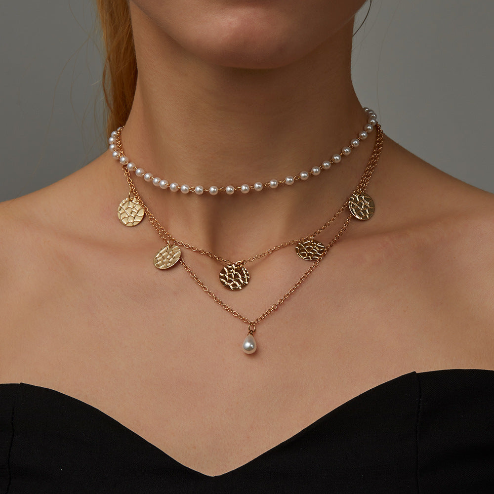 Personality Retro Geometric Multilayer Pearl Pendant Clavicle Chain