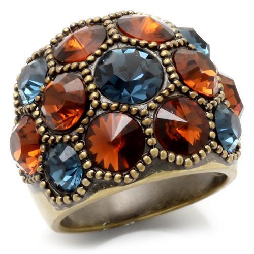 Ring with multicolored gemstones on a white background