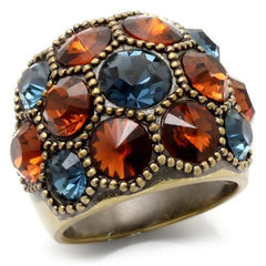 Ring with multicolored gemstones on a white background