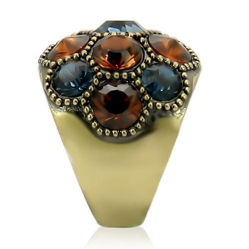 Gold ring with multicolored gemstones on a white background