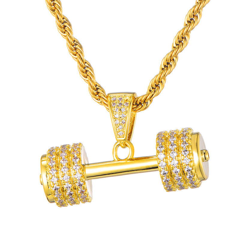 اللون: ذهبي، النمط: قلادة فقط - قلادة دامبل ذهبية مرصعة بالزركون والألماس