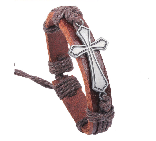Color: Coffee cross - Religious Jewelry Christian I Love Jesus Alloy Leather Bracelet Wholesale Bracelet