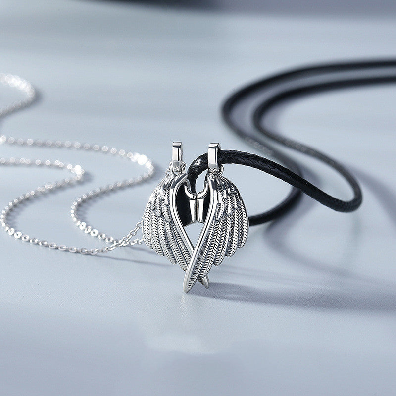Color: Silver, style: Men's angel (single pendant) - Devil and Angel Couple Necklace Sterling Silver Creative Retro